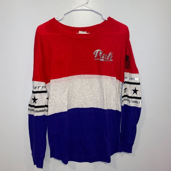 PINK Victoria's Secret Tops - Victoria Secret Pink AMERICA Long Sleeve Sequin USA XS Womens MERICA stars blue